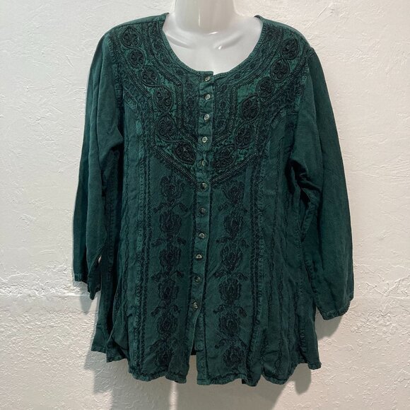 L Pogee Womens Button U Top Long Sleeve Embroidered Boho Blouse Green Tie Back - Picture 1 of 11